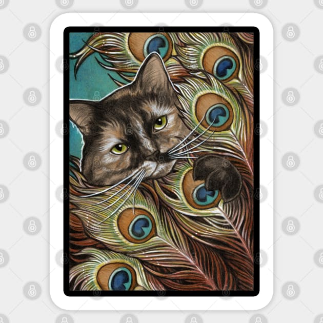 Tortie Cat and Peacock Feathers - Black Outlined Version Sticker by Nat Ewert Art